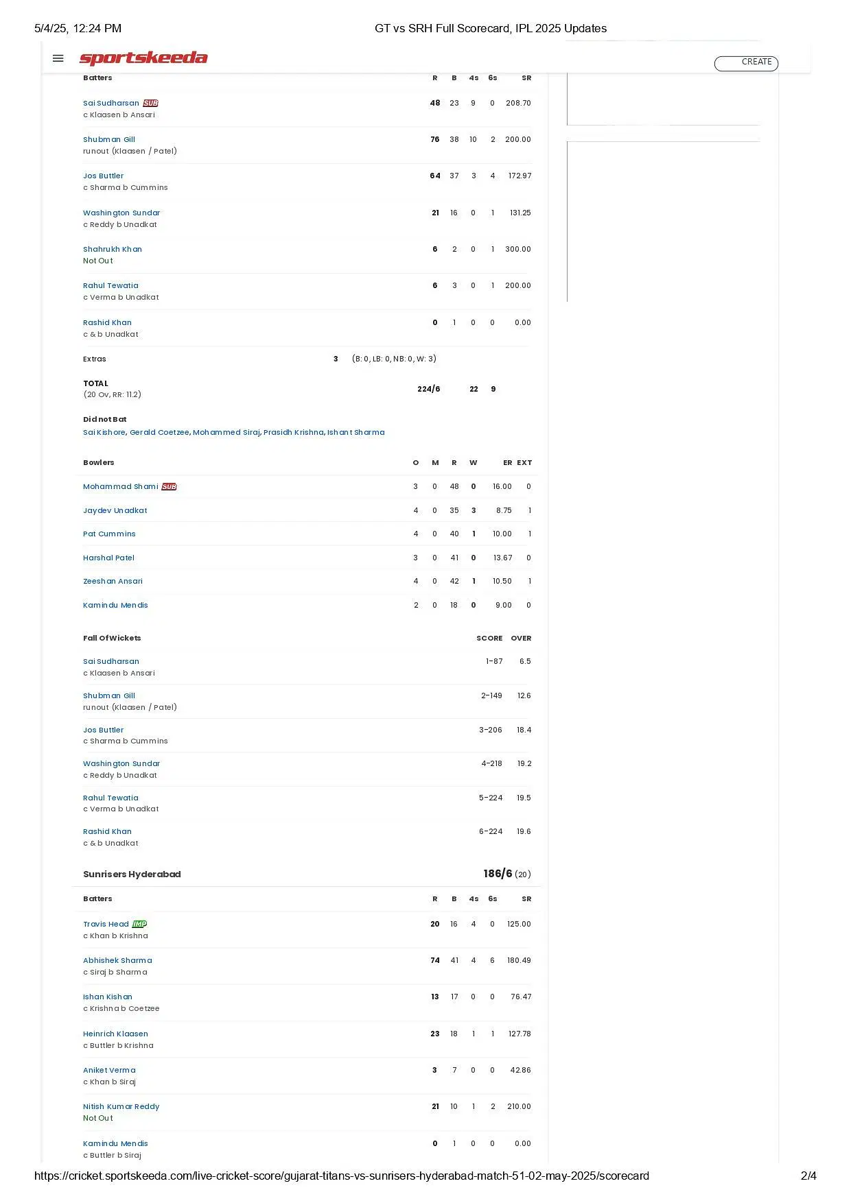 GT vs SRH 2025 scorecard.