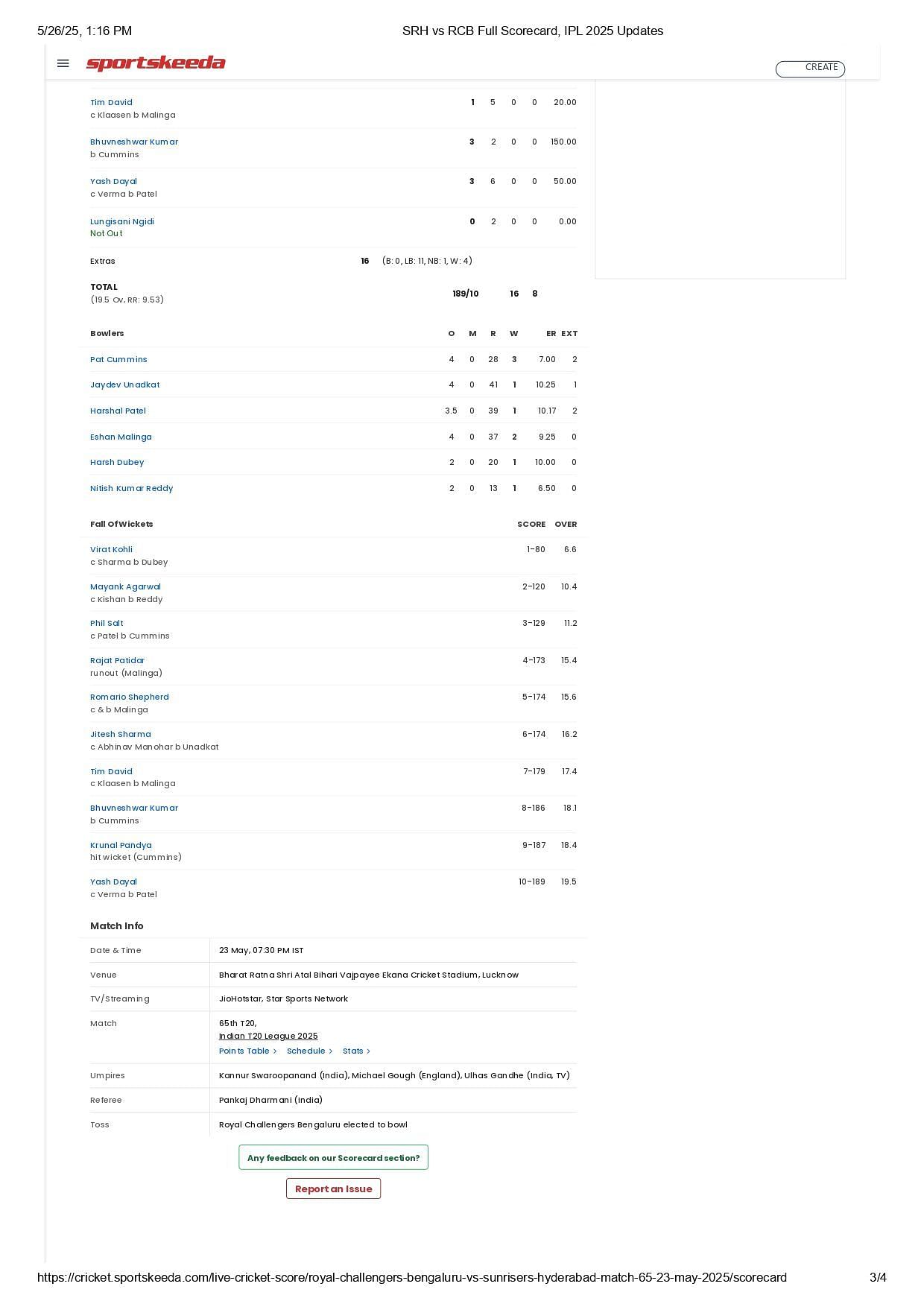 SRH vs RCB 2025 scorecard.