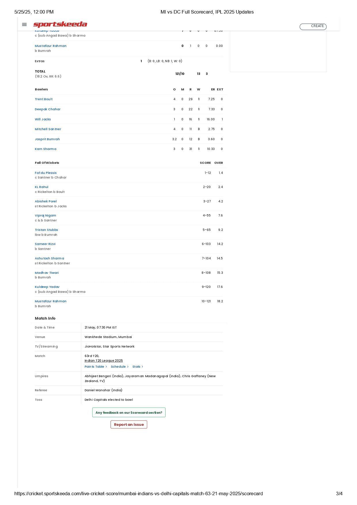 MI vs DC 2025 scorecard.