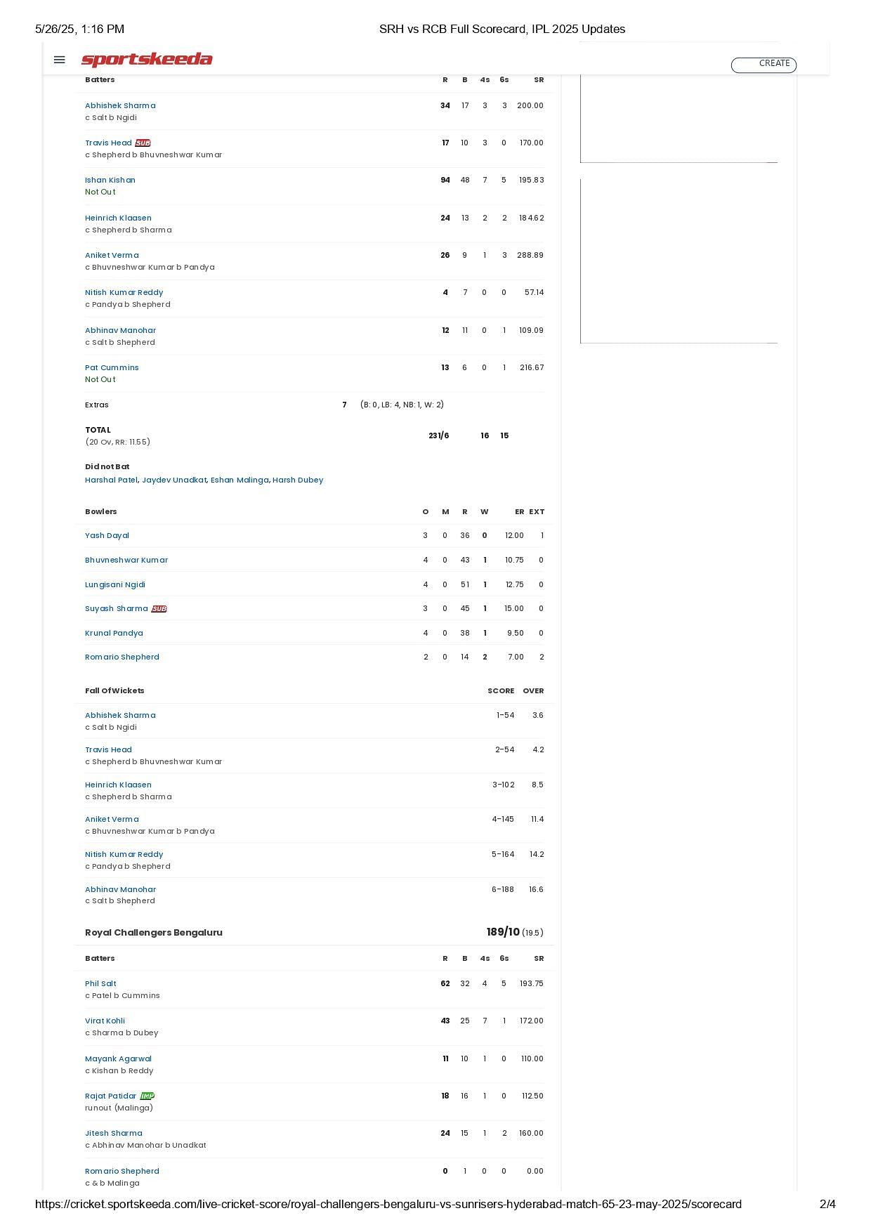 SRH vs RCB 2025 scorecard.
