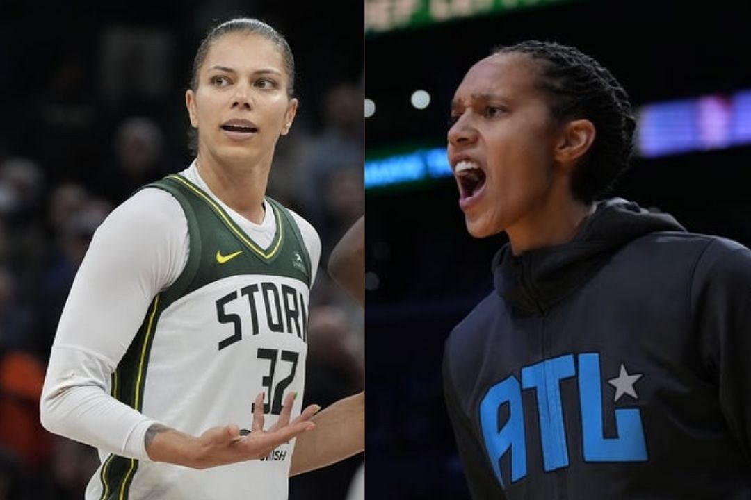 Left: Alysha Clark of the Seattle Storm during a WNBA game, Right: Britney Griner of the Atlanta Dream shouts during a WNBA game