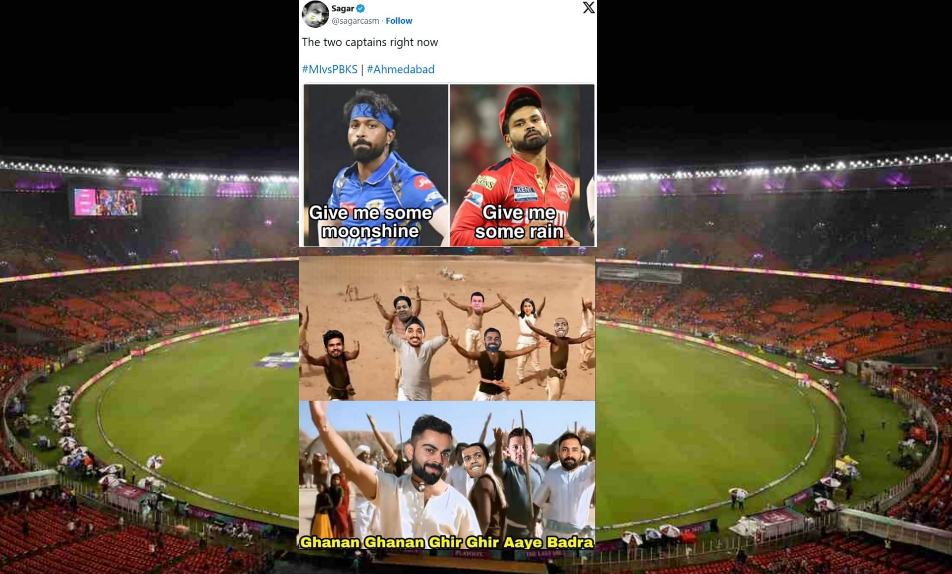 Fans react as rain delays the start of Qualifier 2. (Images: bcci.tv, X- @sagarcasm, @GaurangBhardwa1)