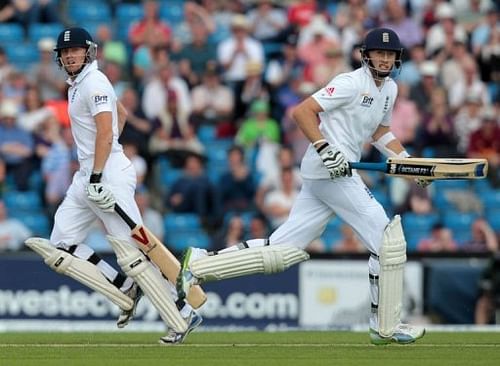 England batsman Jonny Bairstow (L) runs to complete a half century with Joe Root at the Headingley stadium, May 25, 2013 England batsman Jonny Bairstow (L) runs to complete a half century with Joe Root at the Headingley stadium, May 25, 2013