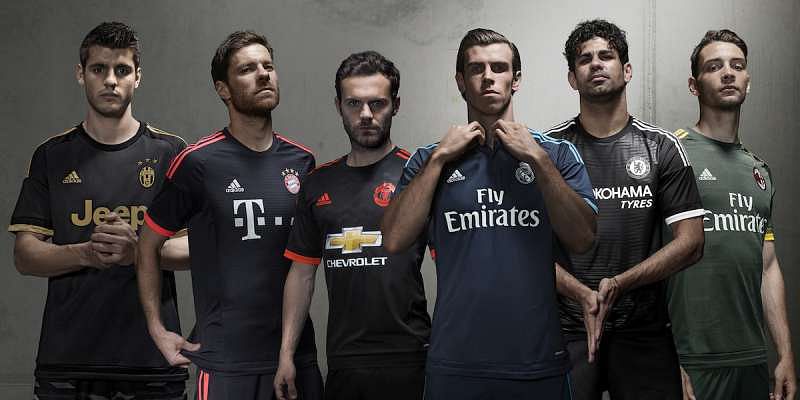 Jersey from left to right: Juventus, Bayern Munich, Manchester United, Real Madrid, Chelsea and AC Milan