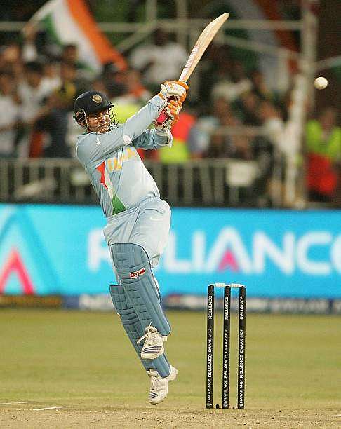 DURBAN, SOUTH AFRICA - 19 September: Virender Sehwag hits another boundary during the ICC Twenty20 Cricket World Championship Super Eights match between England and India at Kingsmead on September 19, 2007 in Durban, South Africa. (Photo by Duif du Toit/Gallo Images/Getty Images)